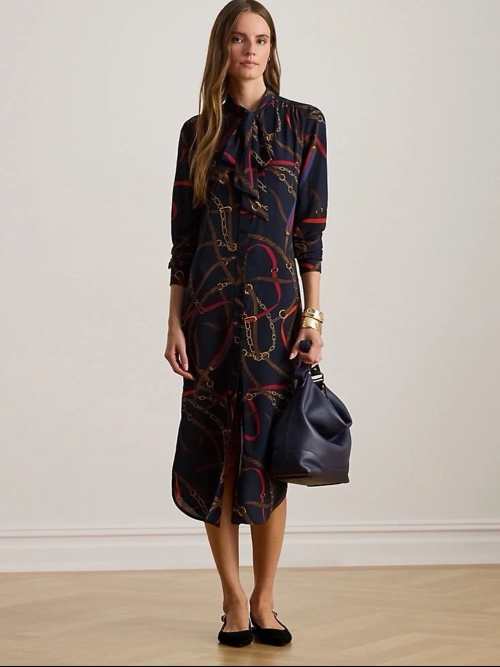 Ralph Lauren midi dress Georgette Equestrian Chain Print tie neck black 20 new